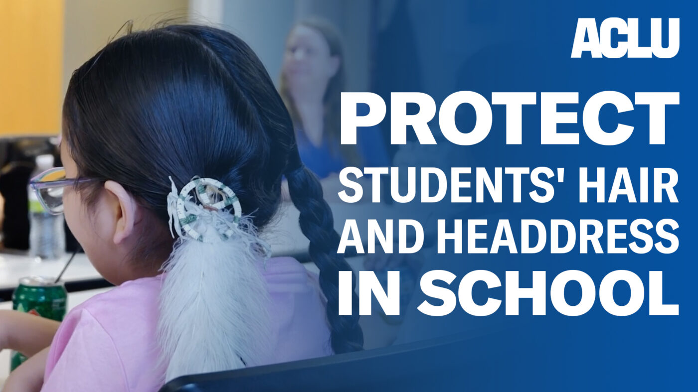 A video cover showing an Indigenous student's hair with a tribal feather. The video discusses protecting students hair and headdress in school.