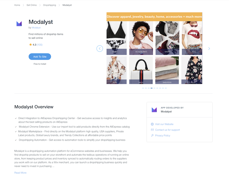 Modalyst listing on Wix App Market